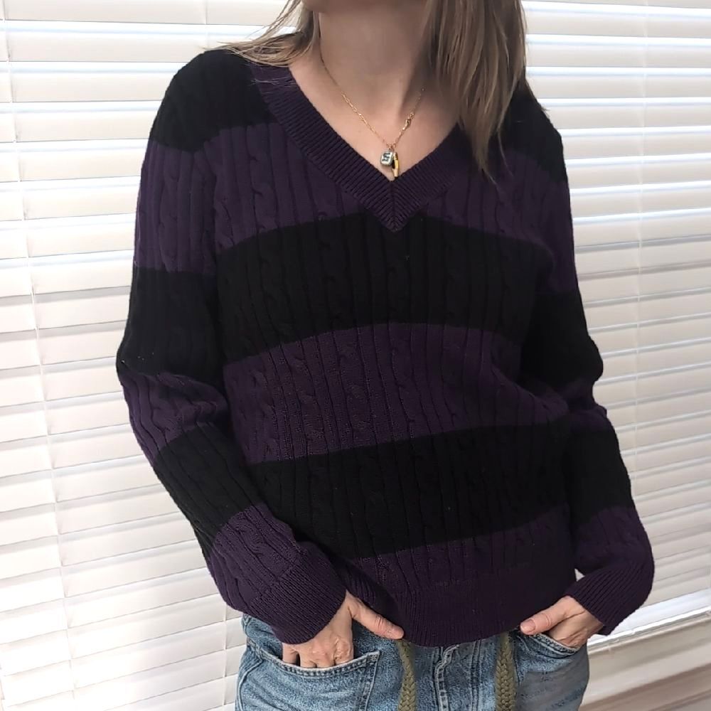 2000s Chaps Striped Cable Knit V-neck Sweater Whimsigoth Oversized Slouchy